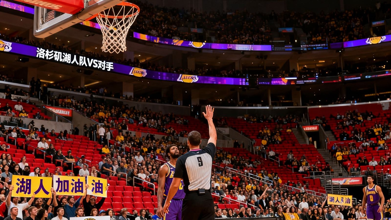 NBA常规赛洛杉矶湖人队主场比赛，斯台普斯中心座无虚席，球员正在执行关键罚球