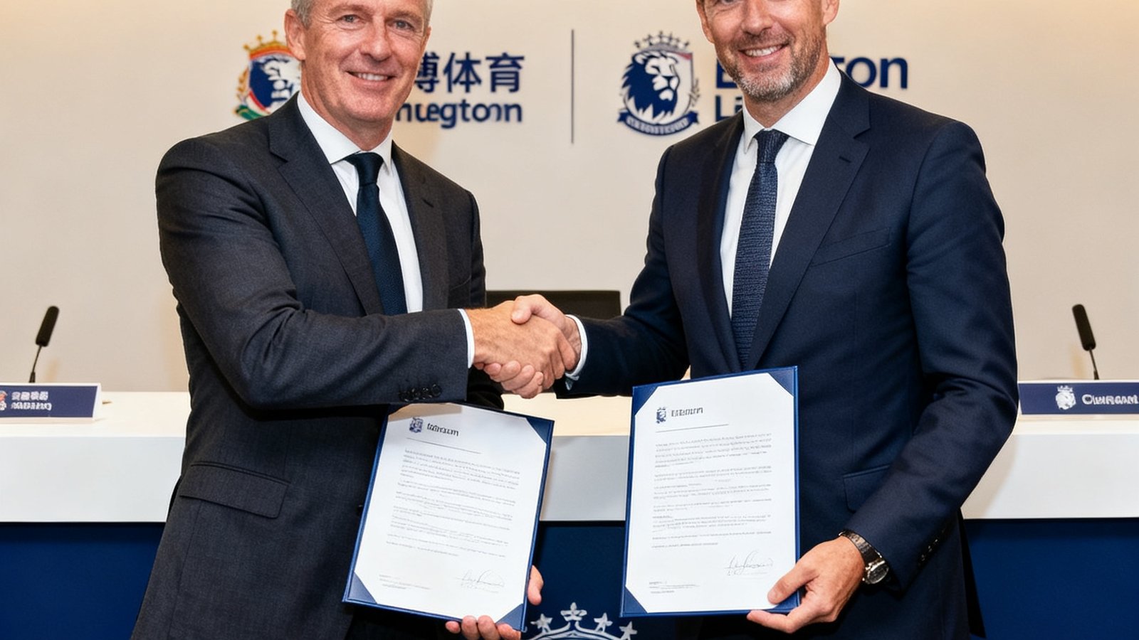 友博体育与英超联盟签约仪式现场，双方代表握手并展示合作协议文件