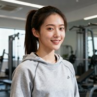 一位扎马尾的年轻女性用户头像，穿着运动卫衣，背景为健身房环境